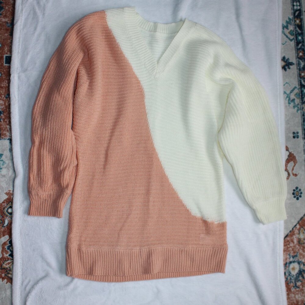 Cupshe Two-tone Autumn Sweater Pink & Cream 3/4 Sleeve Pullover V-Neck Size M
